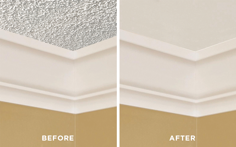 Before and after shot of textured ceiling and its removal